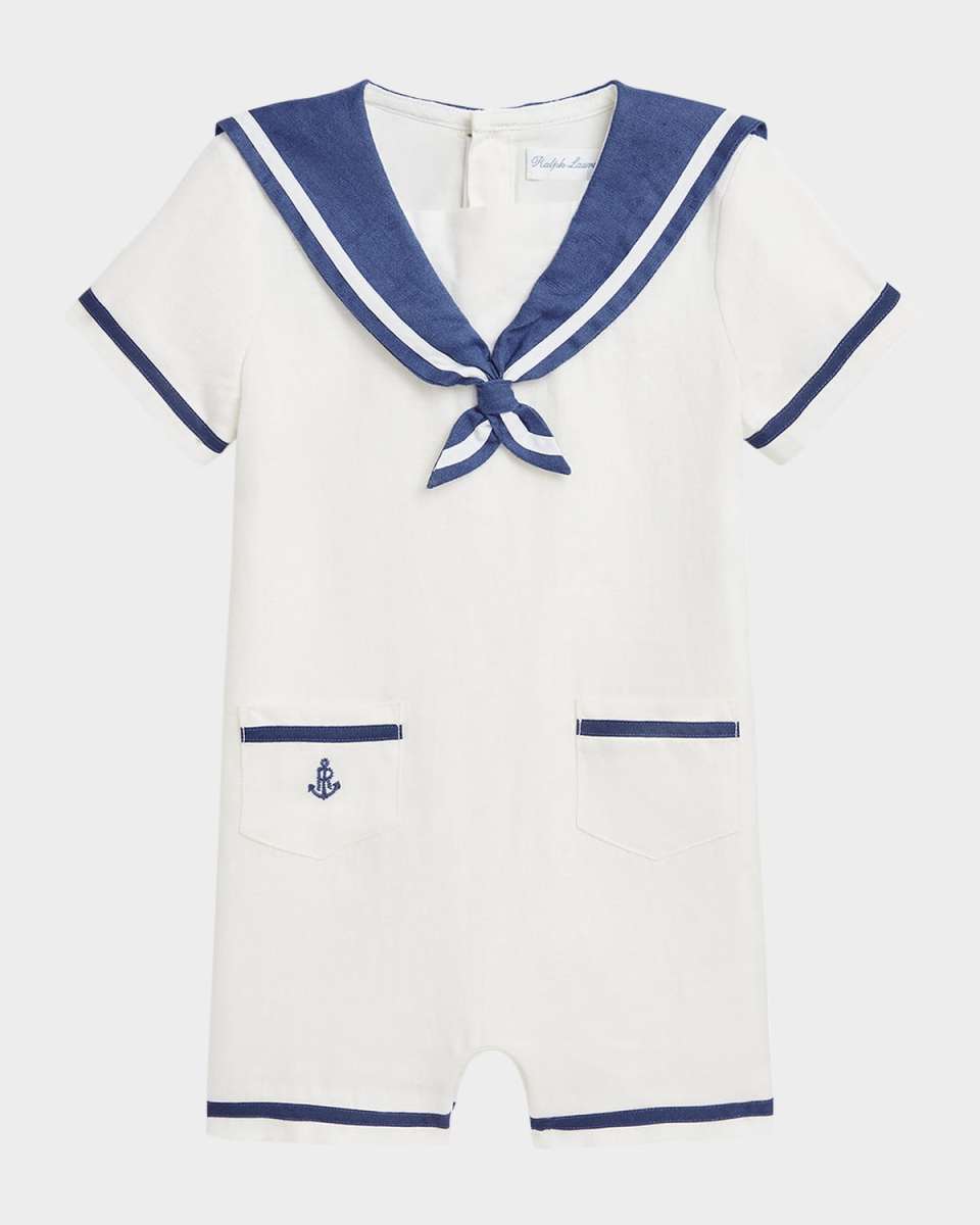 Boy's Sailor-Inspired Embroidered Shortall, Size 9M-24